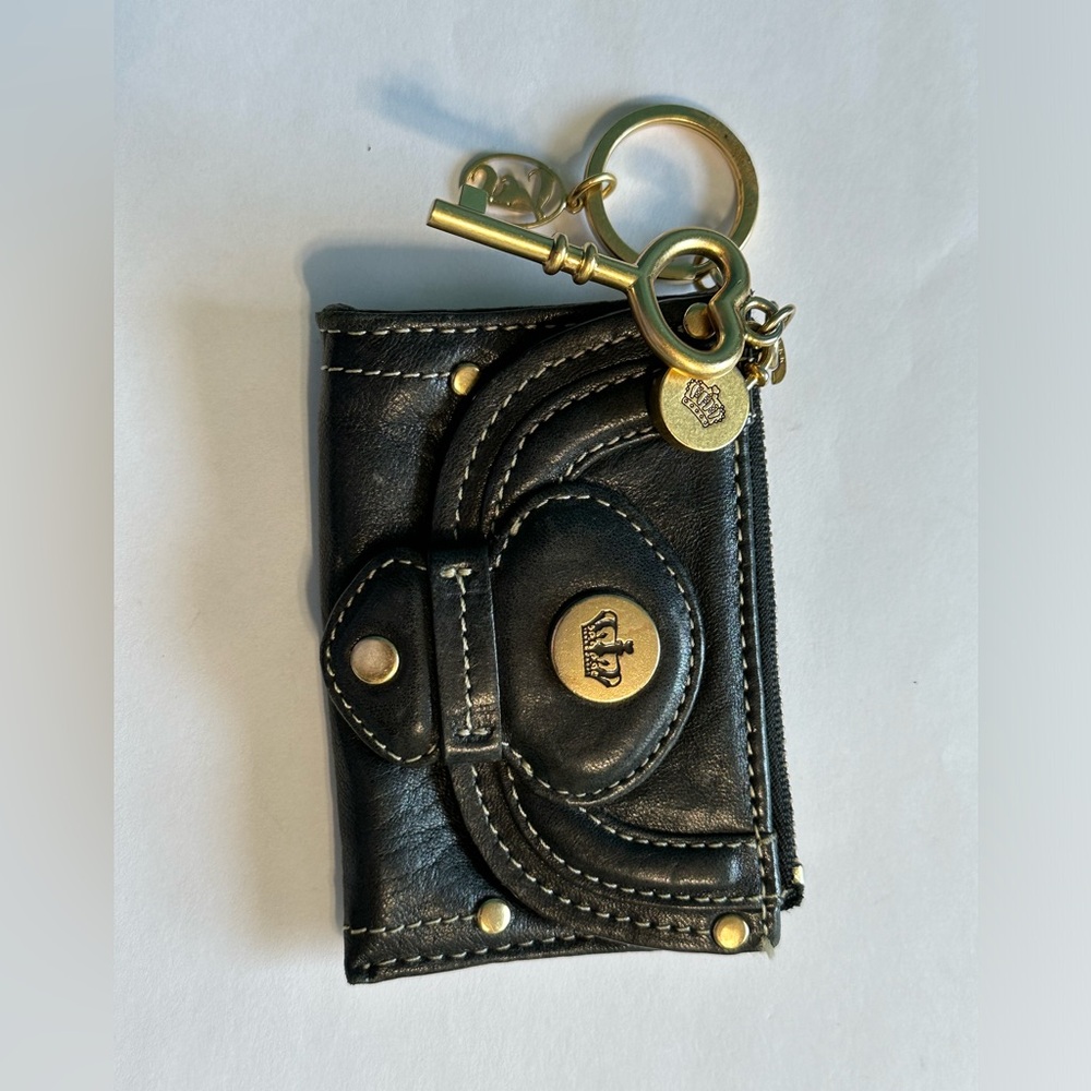 Juicy Couture Vintage Black Leather Keychain Charm Coin Purse Gold Accents - Picture 3 of 13